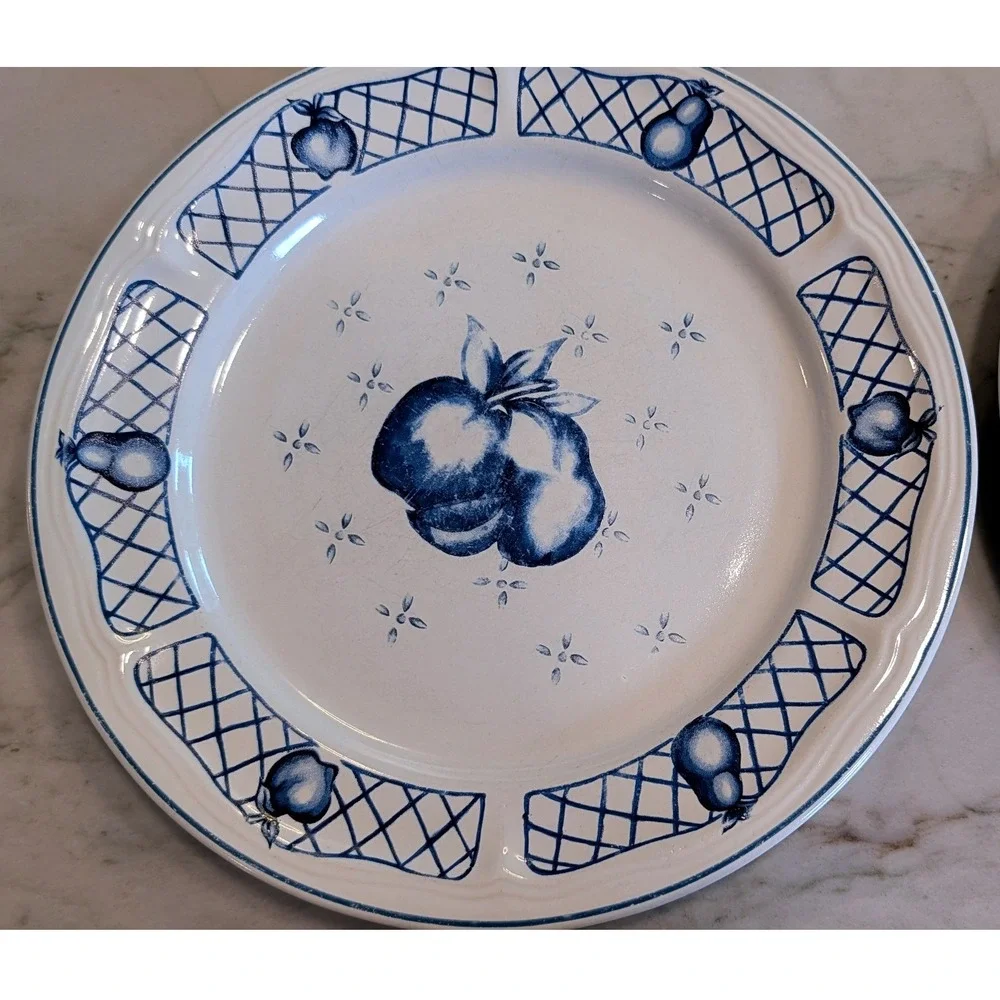 Set of 6 Newcor Cape Cod Dinner Plates Blue White Fruit Stoneware 1994 Vintage